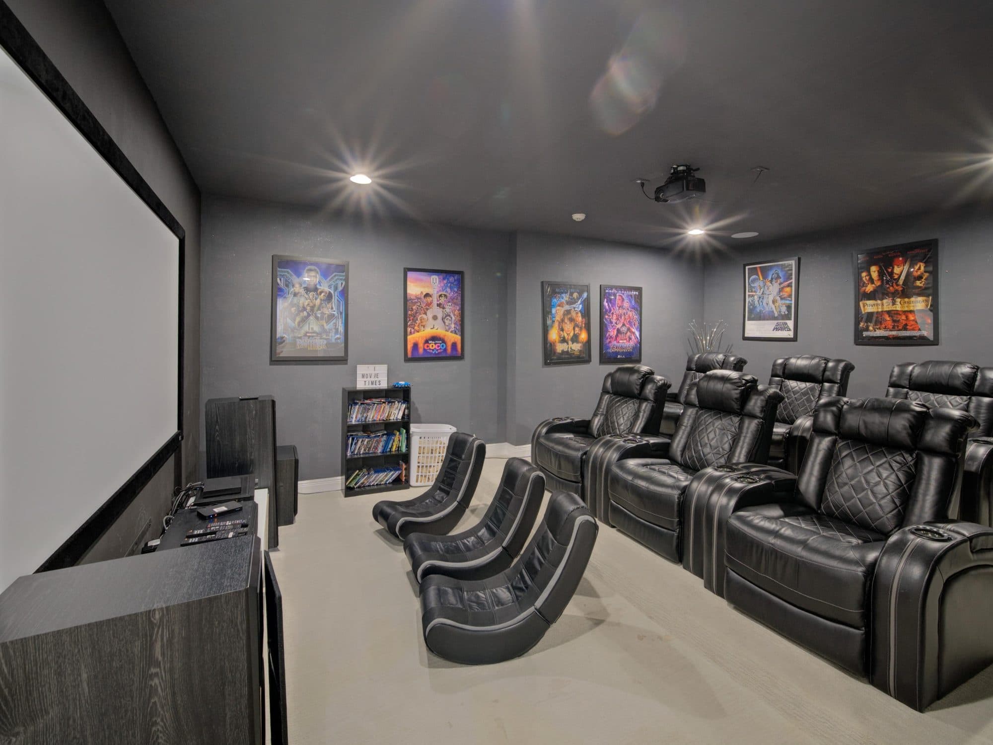 Home theater room with tiered recliner seating at a Central Florida vacation rental