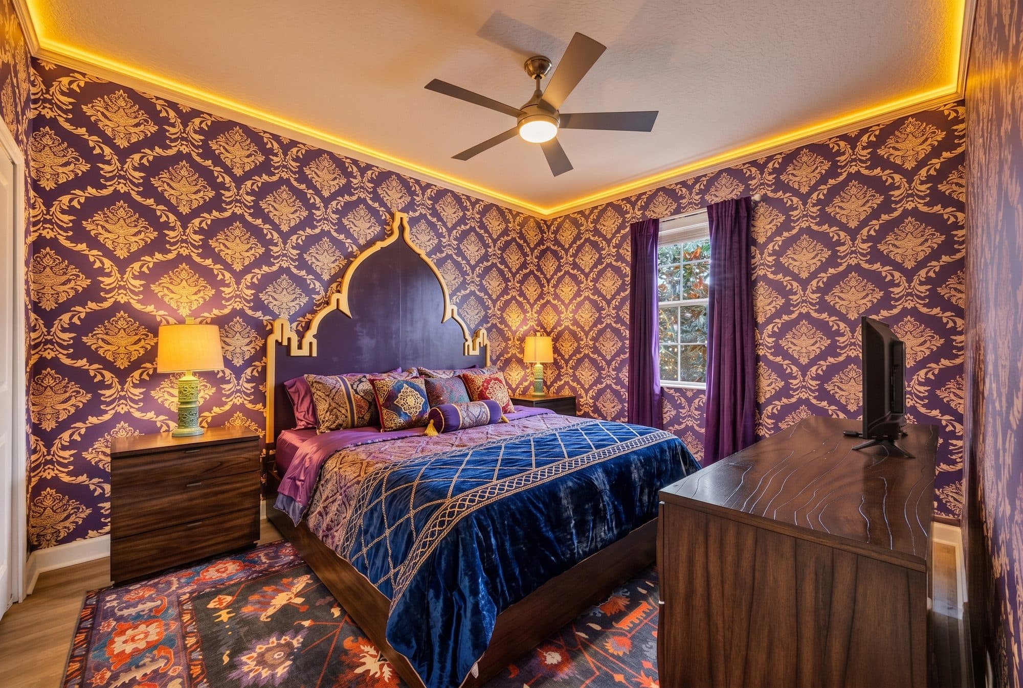 Jewel-toned themed bedroom with gold damask walls, carved arch headboard, and warm cove lighting at a Davenport vacation rental