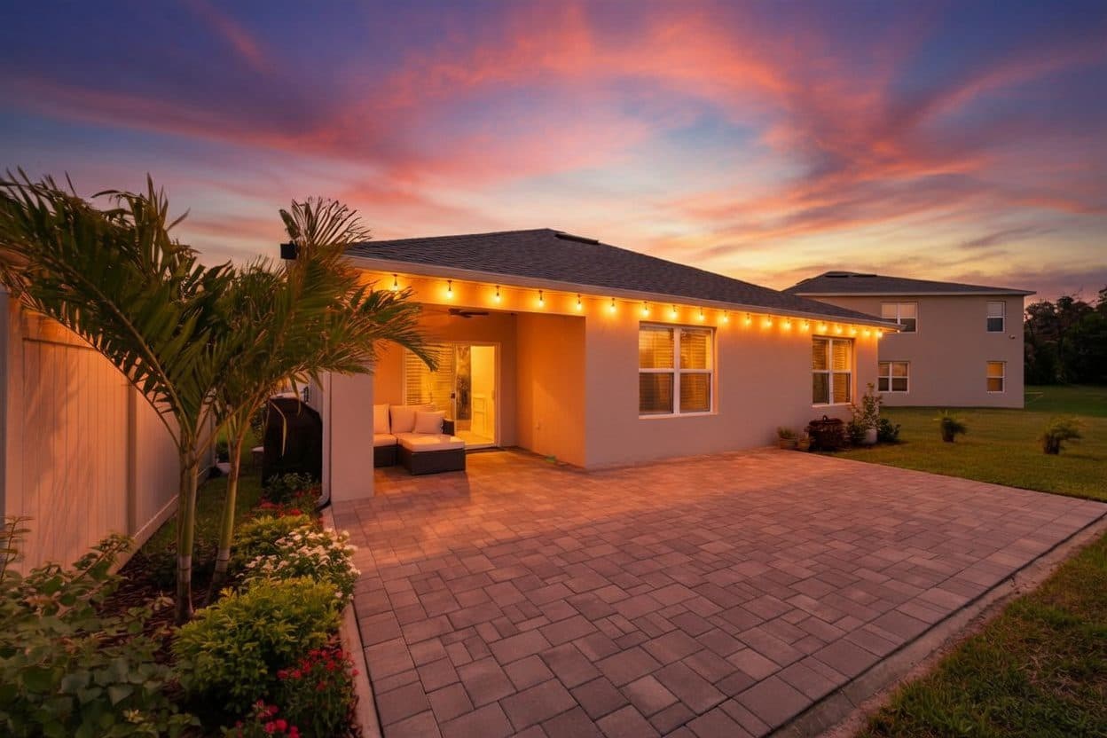 Twilight photograph of a covered patio and paver deck lit by string lights at a Central Florida vacation rental